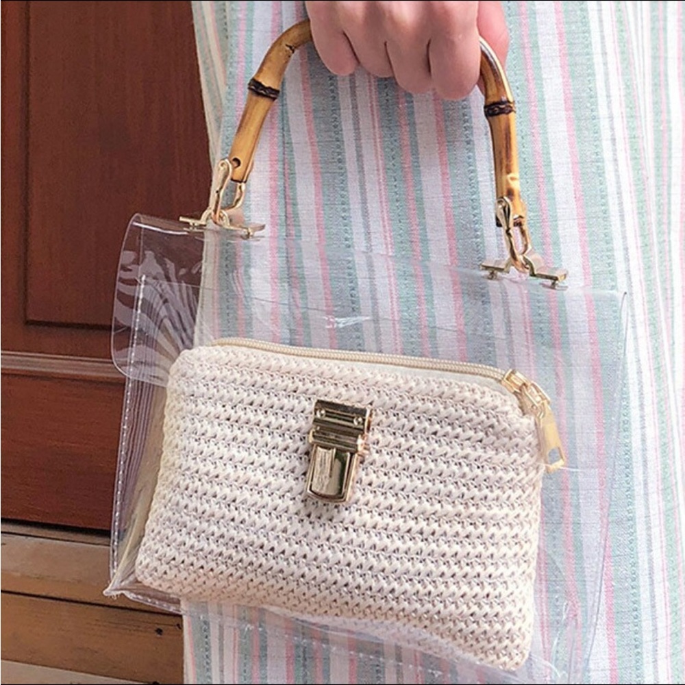 Clear stadium handbag featuring straw pouch, bamboo-look handle and chain strap. - Picture 5 of 9